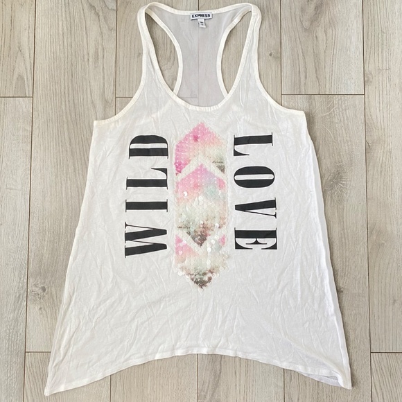 White Racer Back Knit Graphic Tank Tee With Mesh Back And Pastel Sequin Details - Picture 11 of 14